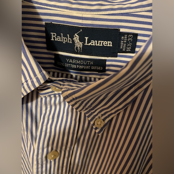 Vintage 80s Ralph Lauren Flesh Pony Blue Striped Casual Button Down 16.5 - 33 - Picture 2 of 7